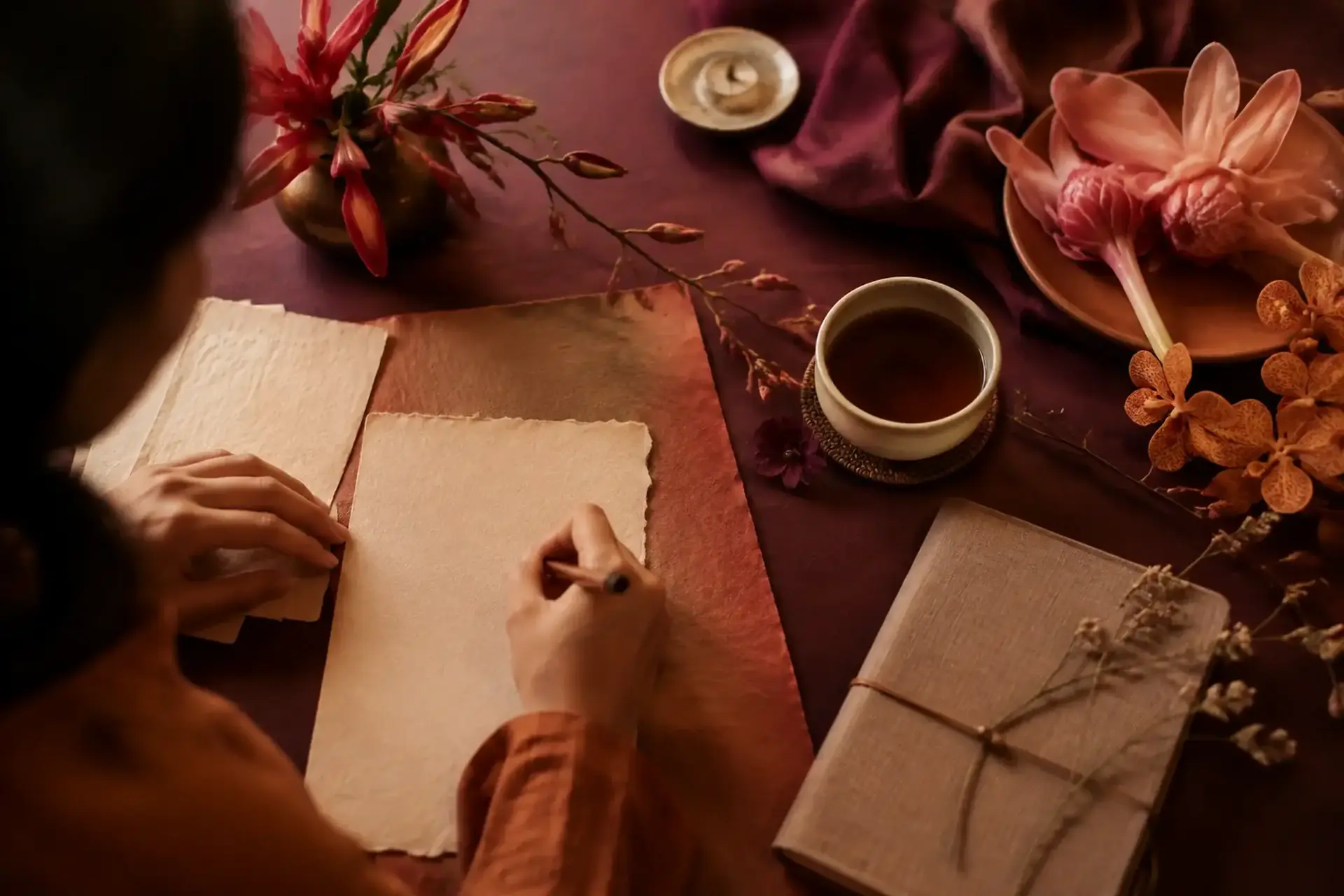 Flowers, notes and a linen notebook arranged on a deep plum table