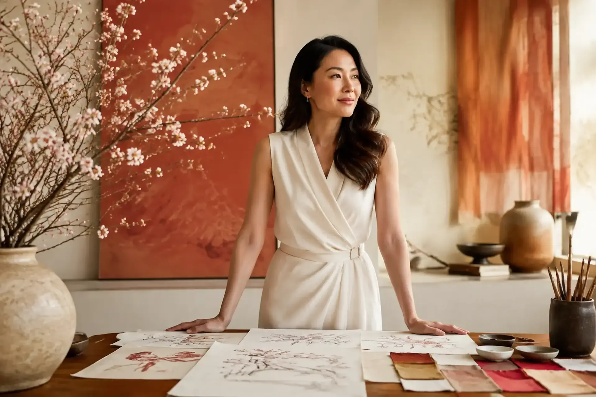 Asian woman creating ideas beside a flowering branch